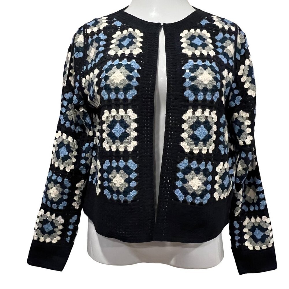 Capri Crochet Squares Open Cardigan, Navy, M